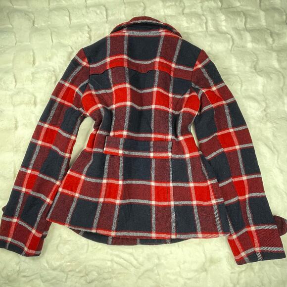 🔥American Eagle Wool Blend Plaided Red Blue Military Style Peacoat Jacket Sz M - Picture 3 of 16
